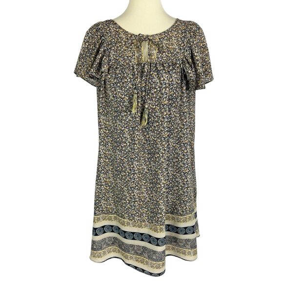 Knox Rose Brown Yellow Floral Flutter Sleeve A-Line Boho Peasant Dress Medium - Picture 1 of 12